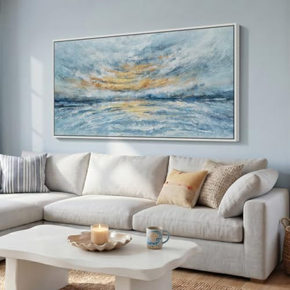 Extra Large Framed Blue Abstract Coastal Wall Art for Living Room, 36x72 In - color: Blue and Gold B, size: 72"L x 36"W