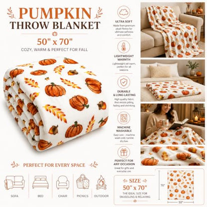 Fall Soft Fleece Throw Blanket, Pumpkin Leaves Wheat, 50" x70 Oversized - color: Fall Harvest