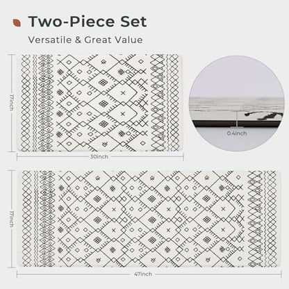 FRESHMINT Moroccan Kitchen Mat Set 2 Piece, 17x30''+17x47'', Bright White - color: Bright White