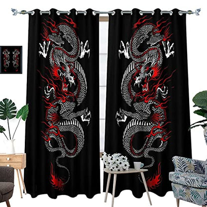 Fantasy Chinese Dragon Curtains - Cool Retro Black Red Japanese Anime Dragon Window Drapes Room Darkening Blackout Curtains Thermal Insulated Grommet Curtains for Bedroom 2 Panels 45L x 21W - color: Fantasy Chinese Dragon, size: 42"W x 45"L (Pack of 1)