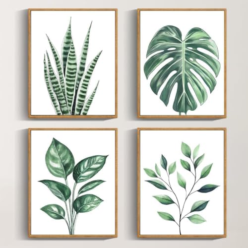 Drsoum Botanical Canvas Framed Wall Art Watercolor Green Leaf Tropical Plant Art Prints Boho Decor for Bedroom Bathroom Kitchen Home Office Decorations 8"x 10"x 4pcs - color: Tropical Wall Art, Natural Frames, size: 8''x 10''
