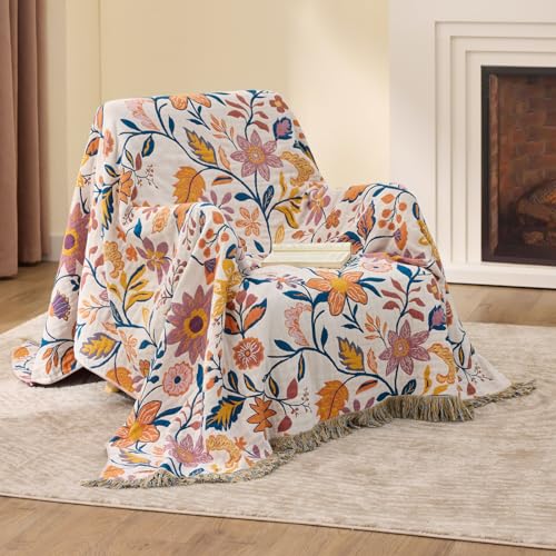 100% Cotton Boho Throw Blanket for Home Decor – Classic Farmhouse Quilt Bedding, Muslin Blankets for Adults, Vintage Woven Decorative Blanket for Couch, Bed Layering Use, Botanic Floral, 60"x80" - color: 1 - Botanic Floral, size: Twin (60 x 80 Inch)