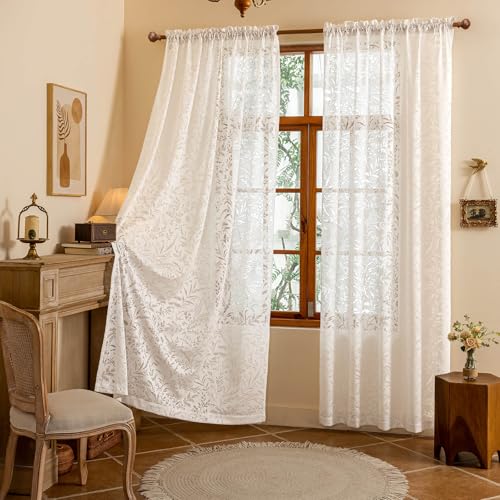 WUBODTI White Lace Semi Sheer Curtains Living Room 72 Inch Length 2 Panels - color: White Leaf, size: 52"W x 72"L (Pack of 2)