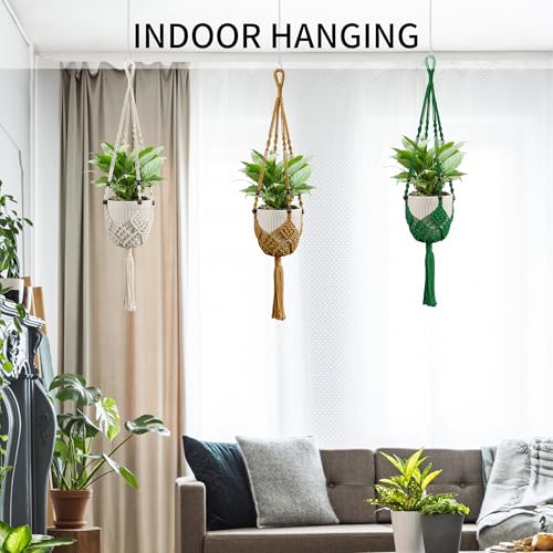 Macrame Plant Hanger - Fits 3-6 Inch Pots, Set of 2, Ivory - color: 35+35 Inch Brown