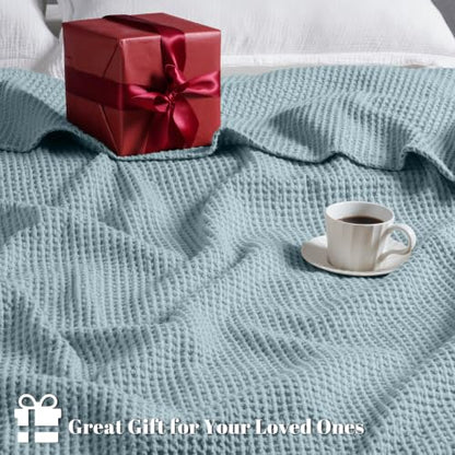 PHF 100% Cotton Waffle Blanket Lightweight Breathable, Queen, Dusty Blue - color: Dusty Blue, size: Queen(90" x 90")