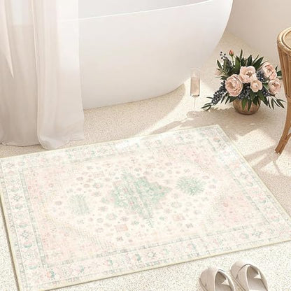 MUJOO Small Rug 2x3 Washable Area Rugs Low Pile Non Slip Pink and Green - color: Pink and Green, size: 2' x 3' (Rectangular)