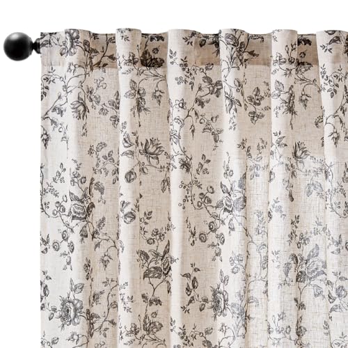 jinchan Linen Curtains 96 inch Black Floral Farmhouse Rod Pocket 2 Panels - color: Amlie Black, size: 50"W x 96"L (Pack of 2)