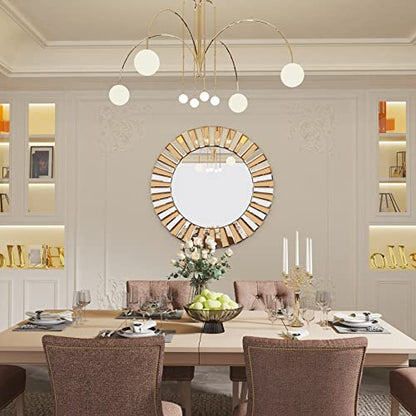Decorative Round Mirror Sunburst: Silver-Brown Crystal Edge 23.6 in - size: 23.6"L x 23.6"W
