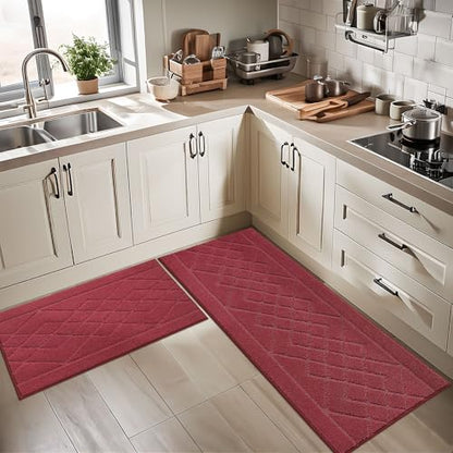 BEQHAUSE Kitchen Rugs Set of 2 Non Slip Runner, 24"x36"+24"x60", Red - color: Burgundy Red, size: 24" X 36" + 24" X 60"