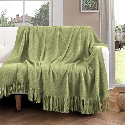 Vonty Olive Green Knitted Throw Blanket with Tassels Fringe, 50x60 Acrylic - color: Olive Green, size: 50" x 60"