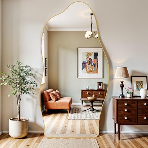 Antok Irregular Full Length Mirror, 81"x41" Asymmetrical Floor Mirror with Stand, Standing Hanging Leaning Irregular Mirrors for Bedroom Living Room Entryway, Cloud Shaped, Golden - color: Gold, size: 81"L x 41"W, style: Cloud Shaped Style