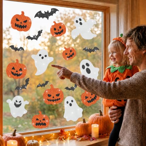 Glitter Halloween Window Clings Decor, Cute Ghost Pumpkin Stickers Decals - color: Halloween Glitter