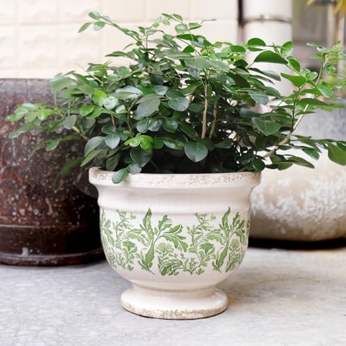 Vintage Ceramic Planter Pot with Drainage, 6.8 Inch Large Crackle Glaze Flower Pot with Green Floral Leaf Pattern for Succulents, Flowers, Farmhouse Country Rustic Planters for Gardening Gift