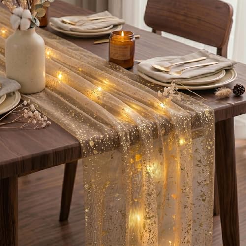 Artscope Lighted Coffee Gauze Table Runner,Glitter and Foil Table Decor for Weddings Anniversary Birthday and Holiday Party Decorations – 28" x 120" - color: Coffee