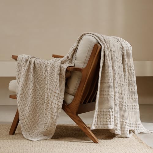 PHF Lightweight 100% Cotton Waffle Throw Blanket for Couch, Light Taupe - color: 01 Light Taupe/Oatmeal, size: Throw(50"x60")