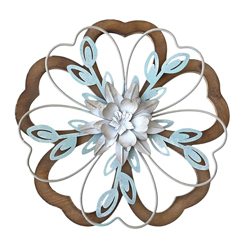 Remenna Metal Flowers Wall Decor, Rustic Floral Art, White & Blue, Farmhouse Hanging Decoration for Living Room, Bathroom, Garden - color: White blue
