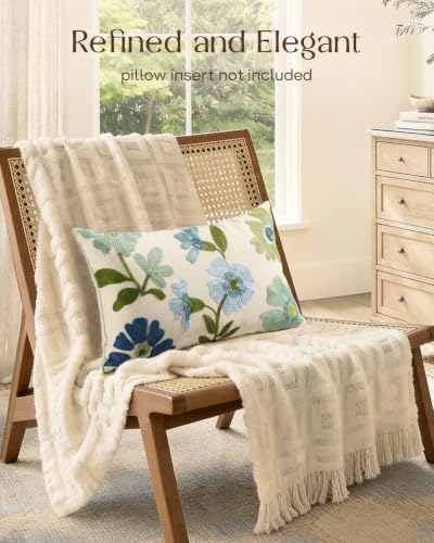 Embroidered Floral Lumbar Pillow Cover 20x12 Inch, Teal Flower - color: Teal Flower, size: 20" x 12" (Pack of 1)