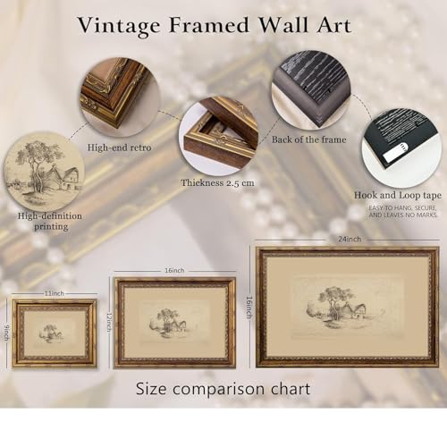 Gold Framed Canvas Wall Art Vintage Country Cottage Sketch Painting Rustic Thatched Farmhouse Tree Landscape Prints for Living Room Bedroom Bathroom Thoughtful gift and Home Decor 16x24 in - color: Farmhouse, size: 16"L x 24"W
