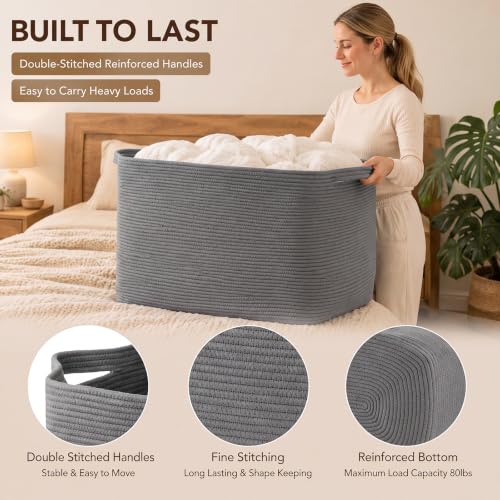OIASKET 118L Extra Large Blanket Basket, 24.8" x 17.7" x 17.2" Woven Basket - color: Grey, size: 24.8"x17.7"x16.2"
