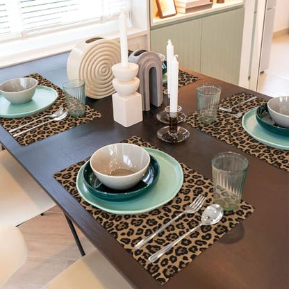 Black Brown Leopard Placemats Set of 4 Linen Washable 12x18 inch - color: Leopard