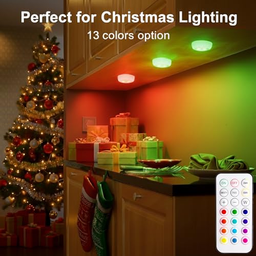 BLS LED Puck Lights with Remote Control, Wireless Under Cabinet & Closet Lighting, RGB 13 Color Changing Lights with Dimmer, Timer & AA Battery Operated, Push, Touch, Stick on for Night, White, 2 Pack - color: White, size: 2 Pack