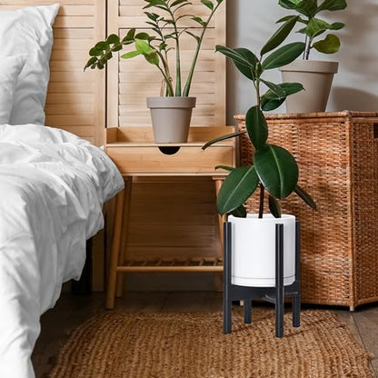 D'vine Dev Ceramic Pot with Ebony Wood Stand, White, 8 in, 55-B-M-1 - color: White Pot + Ebony Stand, size: 8 Inch