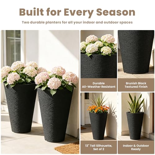 Kante 2-Pack All-Weather 13" H Round Tapered Black Plastic Planters - color: Brunish Black, size: 13" H