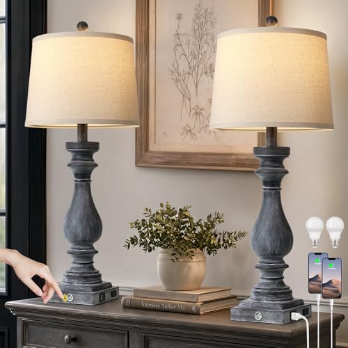 Cinkeda 29" Tall Farmhouse Table Lamp for Living Room Set of 2,Vintage Retro Nightstand Lamps with USB C+A Ports & AC Outlet,3-Way Dimmable Touch Bedside Lamp for Bedroom Side Table,Distressed Black - color: Distressed Black