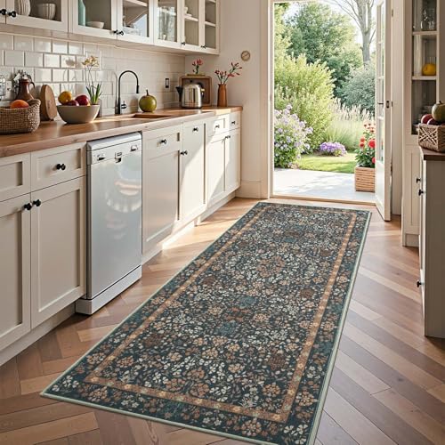 jinchan 3x10 Washable Hallway Runner Rug, Floral Non-Slip, Dark Blue - color: Dark Blue, size: 3' x 10' (Rectangular)