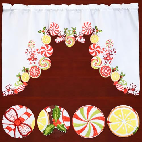 Simhomsen Embroidered Candy Cane Kitchen Window Curtain Swag and Tiers Set for Christmas Holiday (Candy Cane) - color: Candy Cane