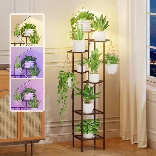 Quikraen 8-Tier Brown Plant Stand with Grow Lights, 58.5" Tall Ultra-Narrow Corner Plant Shelf with 2-Head LED Grow Light & Hanging Hooks, Space-Saving Metal Flower Pot Holder Rack for Indoor Plants, Patio, Balcony - color: Brown, size: 8-Tier with grow l
