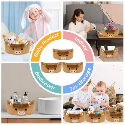 3 Pcs Oval Highland Cute Cow Basket for Nursery,Woven Rope Gift Basket - color: Brown, size: 3 PCS