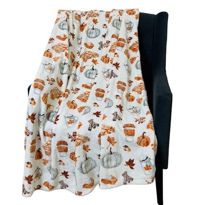 Fall Soft Fleece Throw Blanket, Pumpkin Spice Design, 50x70, Oversized - color: White Brown Tan
