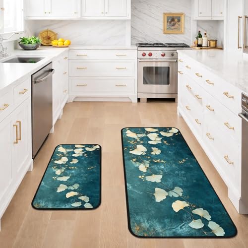 Classic Kitchen Mats for Floor, 2-Piece Non-Slip Kitchen Rugs - color: Ginkgo Leaf