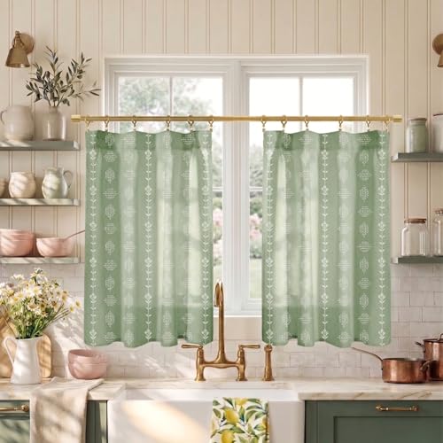 Lino Rosa Bathroom Curtains Window,Boho Sheer Linen Block Print Curtains for Shower Window,Sage Green - color: Sage, size: 24"W x 24"L (Pack of 2)