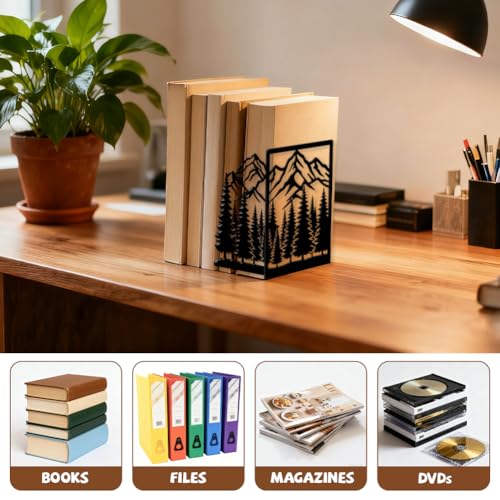 Peacoblue 5.5"x4.3"x8.3" Metal Bookends, Heavy Duty Book Ends for Shelves - style: Mountains and Forests