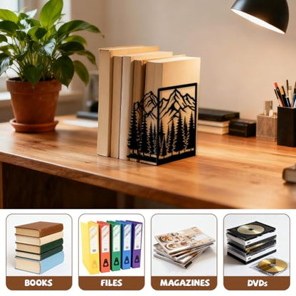 Peacoblue 5.5"x4.3"x8.3" Metal Bookends, Heavy Duty Book Ends for Shelves - style: Mountains and Forests