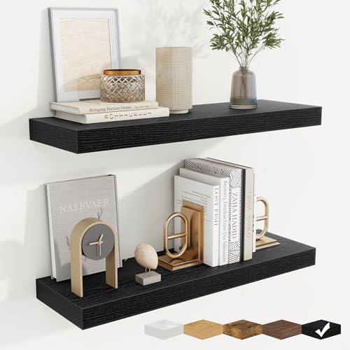 Floating Shelves for Wall, Wall Mounted Wood Shelves, Black, Set of 2, 24in - color: Black, size: 24"W x 6.5"D , 2 Pack