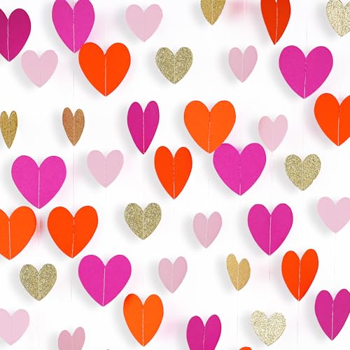Pink and Orange Gold Party Decorations - Heart Streamers Paper Garland Sunset Birthday Graduation Party Decoration Streamers Banner, Fall Baby Shower Wedding Thanksgiving Bridal Autumn Decor Garsellen - color: Pink Orange Glitter Glod