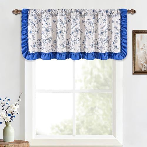 Yinhua Blue Floral Valances for Windows with Ruffle, Farmhouse French Linen Window Valances Curtains, Light Filtering Rod Pocket Kitchen Curtains Valance for Living Room Bathroom, 52" W x 18" L - color: Blue, size: 52"W x 18"L (Pack of 1)