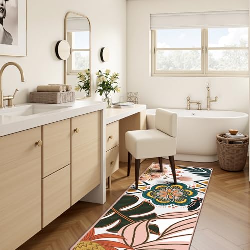 Tyrot Boho Floral 2x6 Washable Kitchen & Hallway Runner Rug Ultra-Thin Flat Woven Low Pile Botanical Runner Rug Non-Slip Indoor Runner for Entryway, Laundry, Bathroom and Bedroom, Blush Pink - color: Blush Pearl, size: 2' x 6' (Runner)