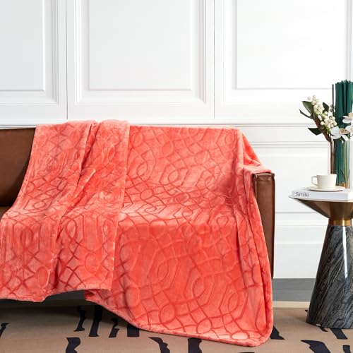 Soft Cozy Fleece Throw Blanket, 50x60 Inches – Lightweight Plush Blanket for Couch, Fuzzy 3D Jacquard Design, for Sofa, Bed & Travel - Coral - color: Coral, size: Throw (50" x 60")