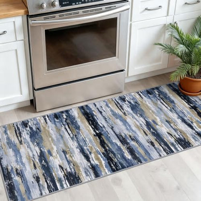 Abstract 2x5 Rug Washable Hallway Runner Non Slip Kitchen Runner | Navy Blue Multi;Thin Printed Faux Wool Entryway Runner;5ft Carpet Runners;Non Skid Runners for Bedroom,Laundry Room - color: Navy / Blue / Taupe, size: 2' x 5' (Runner)