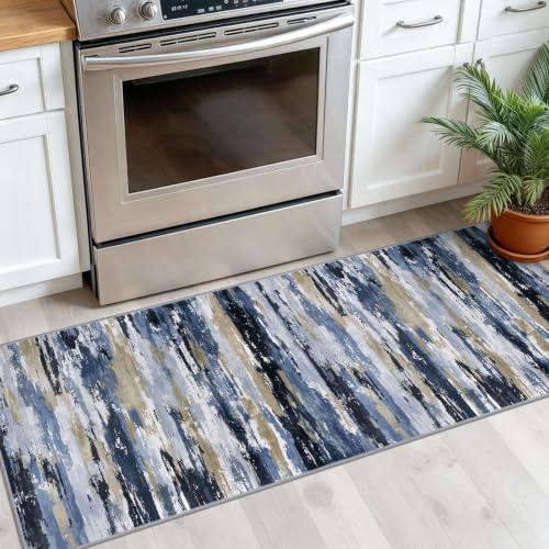 Abstract 2x5 Rug Washable Hallway Runner Non Slip Kitchen Runner | Navy Blue Multi;Thin Printed Faux Wool Entryway Runner;5ft Carpet Runners;Non Skid Runners for Bedroom,Laundry Room - color: Navy / Blue / Taupe, size: 2' x 5' (Runner)