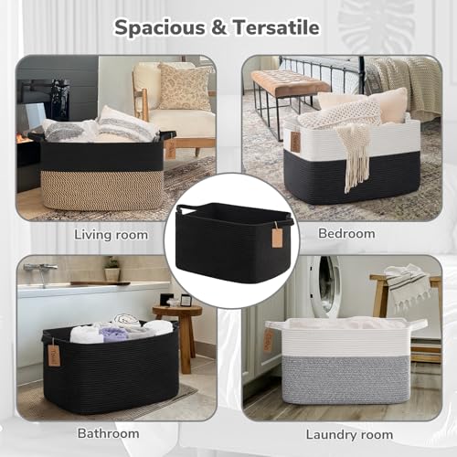 Goodpick 75L Extra Large Woven Rope Blanket Basket, Rectangle, Black - color: Black, size: 22"L x 17"W x 12"H