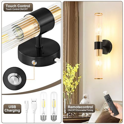 Black Gold Battery Operated Wall Sconces Set of Two, Sconces Wall Decor - color: Black Gold