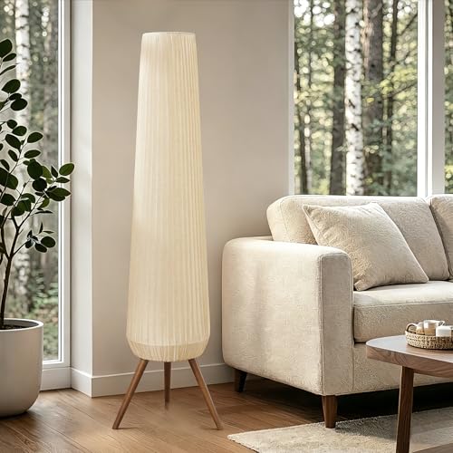 61'' Oatmeal Fabric Pleated Floor Lamp, Walnut Wood Tripod Base