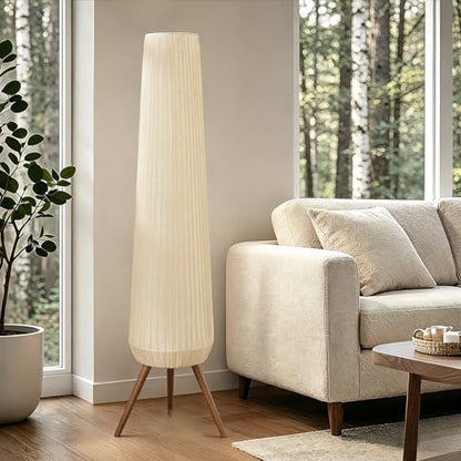 61'' Oatmeal Fabric Pleated Floor Lamp, Walnut Wood Tripod Base