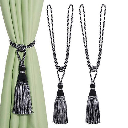 BEL AVENIR 2 Pack Curtain Tiebacks Tassel Drapery Tie-Backs Rope Holdbacks - color: Mix Black, size: 2 Pack