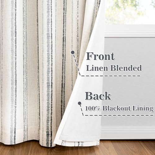 MYSKY HOME Grey Striped Curtains 100% Blackout 84 Inches Long Gray Ticking Stripe Pinstripe Patterned Farmhouse Rustic Linen Blend Double Layer Drapes for Bedroom, Grommet, 2 Panels, 52" Wide - color: Grey/Blackout, size: 52"W x 84"L (Pack of 2)